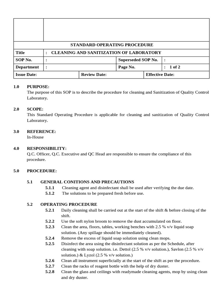 Lab Cleaning and Sanitization SOP | PDF
