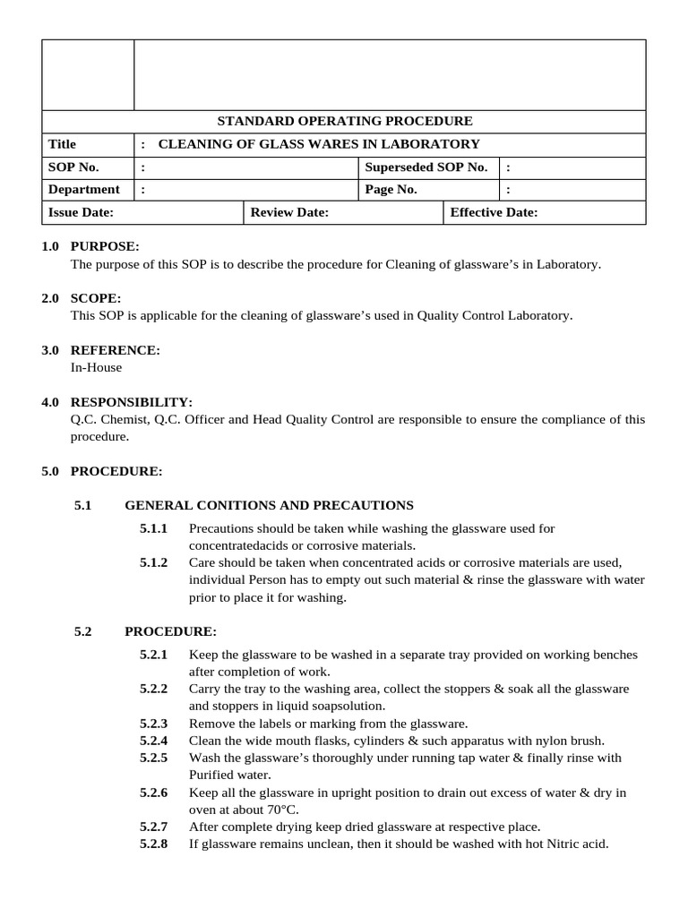 Laboratory Glassware Cleaning SOP | PDF | Materials