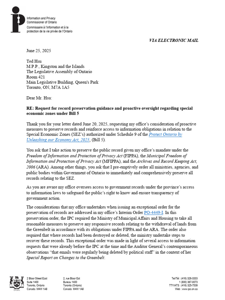 2025 06 25 Letter To MPP Ted Hsu | PDF | Freedom Of Information Laws By ...