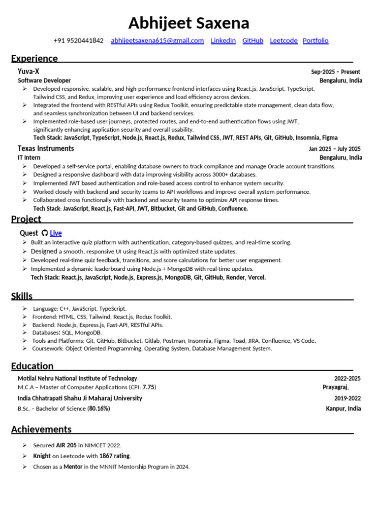 Abhijeet Saxena Dec Resume | PDF | Java Script | Databases
