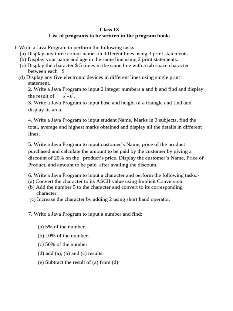 Java Programming Exercises for Class IX | PDF
