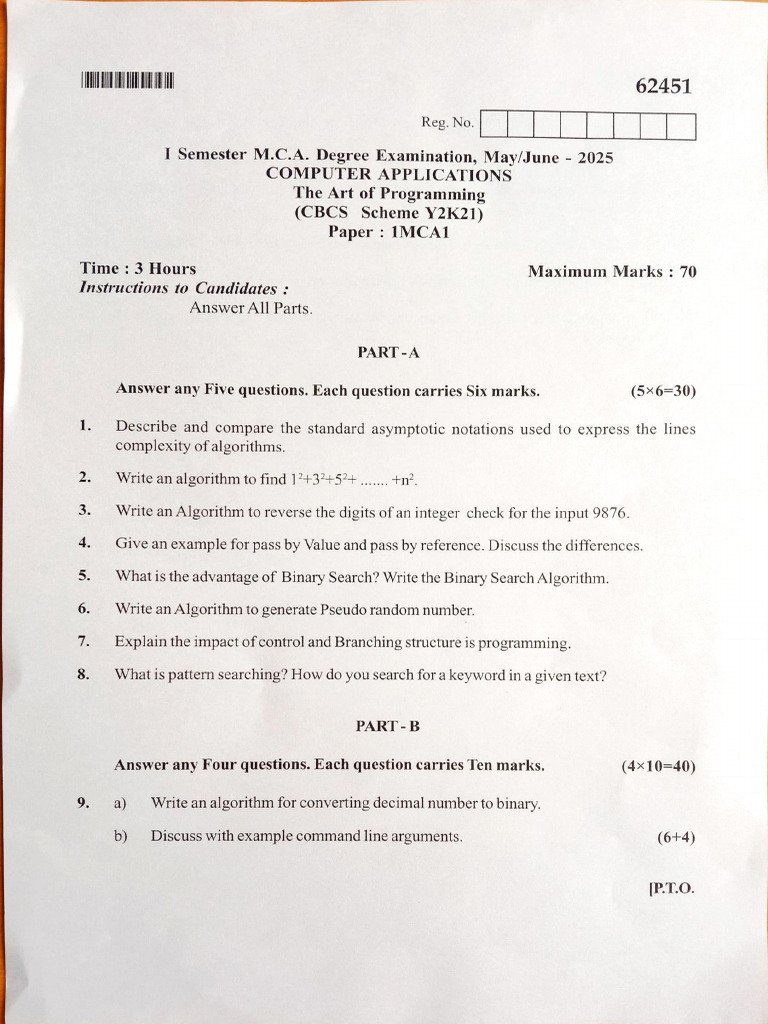 MCA Exam: Art of Programming Algorithms | PDF | Numbers | Algorithms