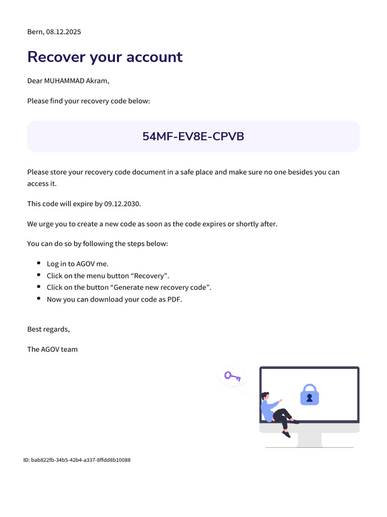 AGOV Recovery Code Bab822fb 34b5 42b4 A337 8ffdd8b10088 | PDF