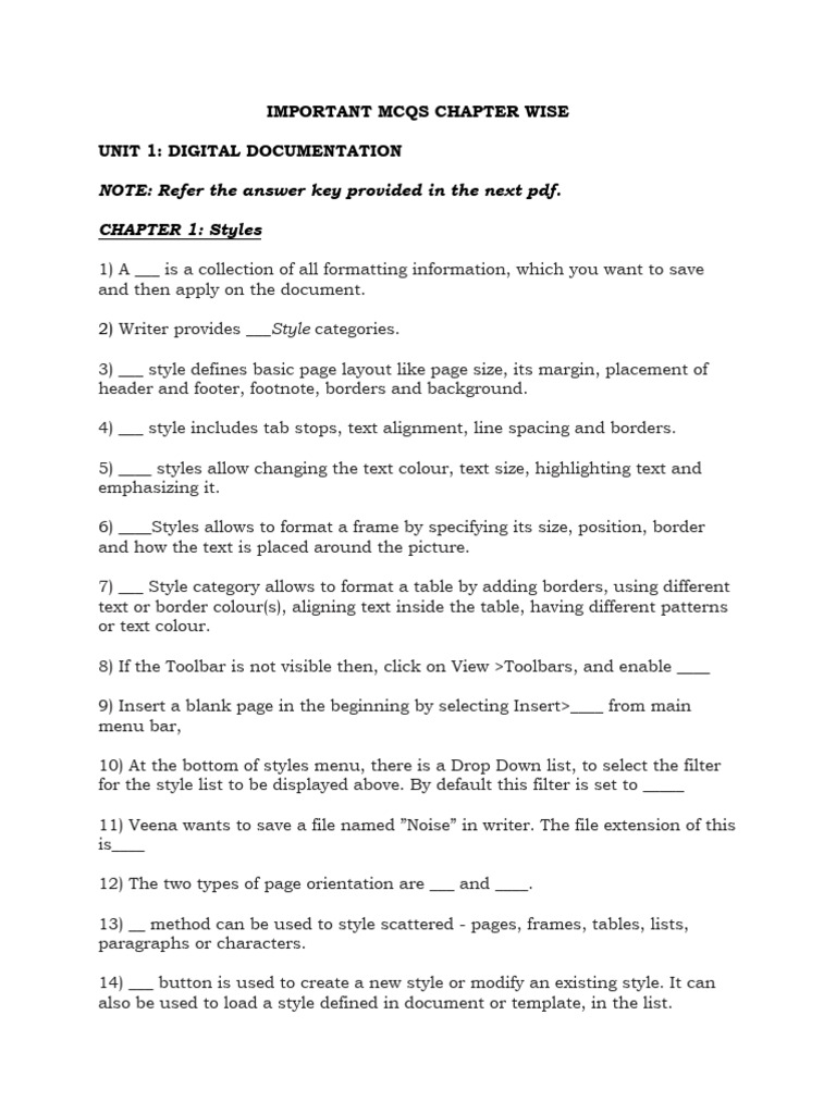 Chapter-wise MCQs for Digital Documentation | PDF | Databases | Spreadsheet