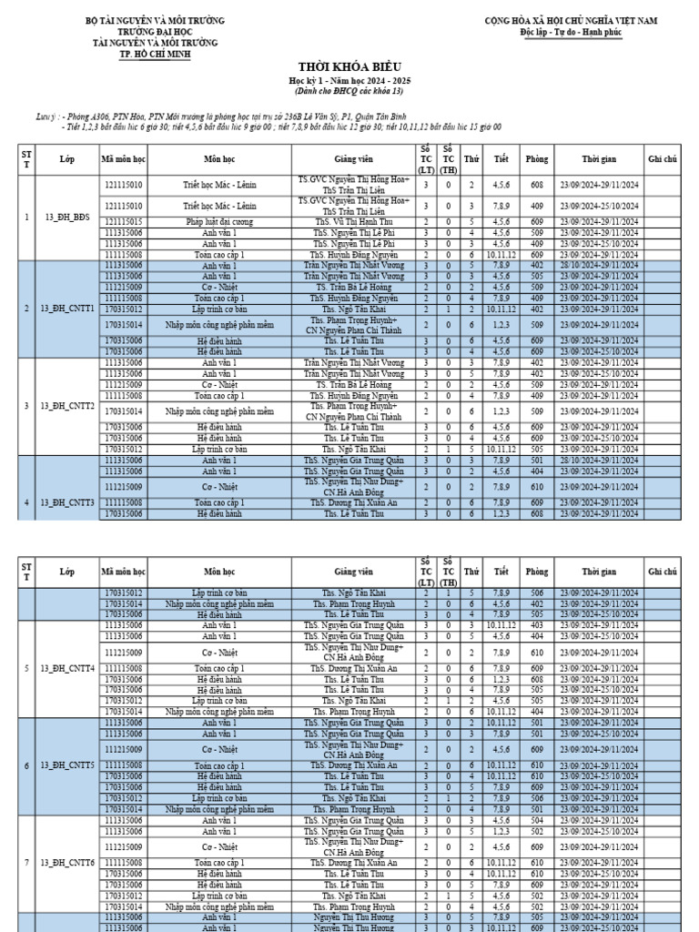TKB hk1-nh 2024-2025khoa 13dh v2 | PDF