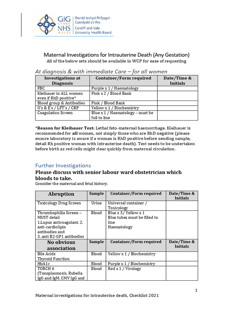 Maternal Investigations Checklist for IUD | PDF | Blood Type | Tissue ...