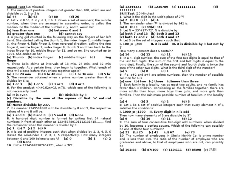 Math Speed and Skill Test Questions | PDF | Elementary Mathematics ...
