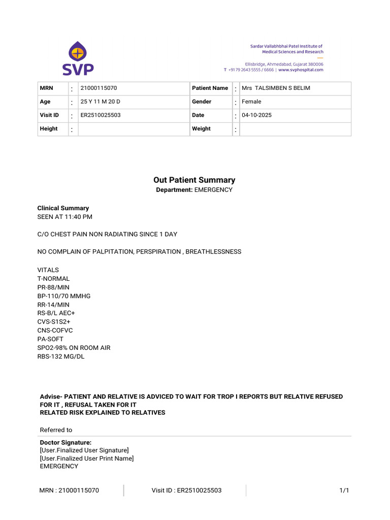 Out Patient Summary - 21000115070 | PDF