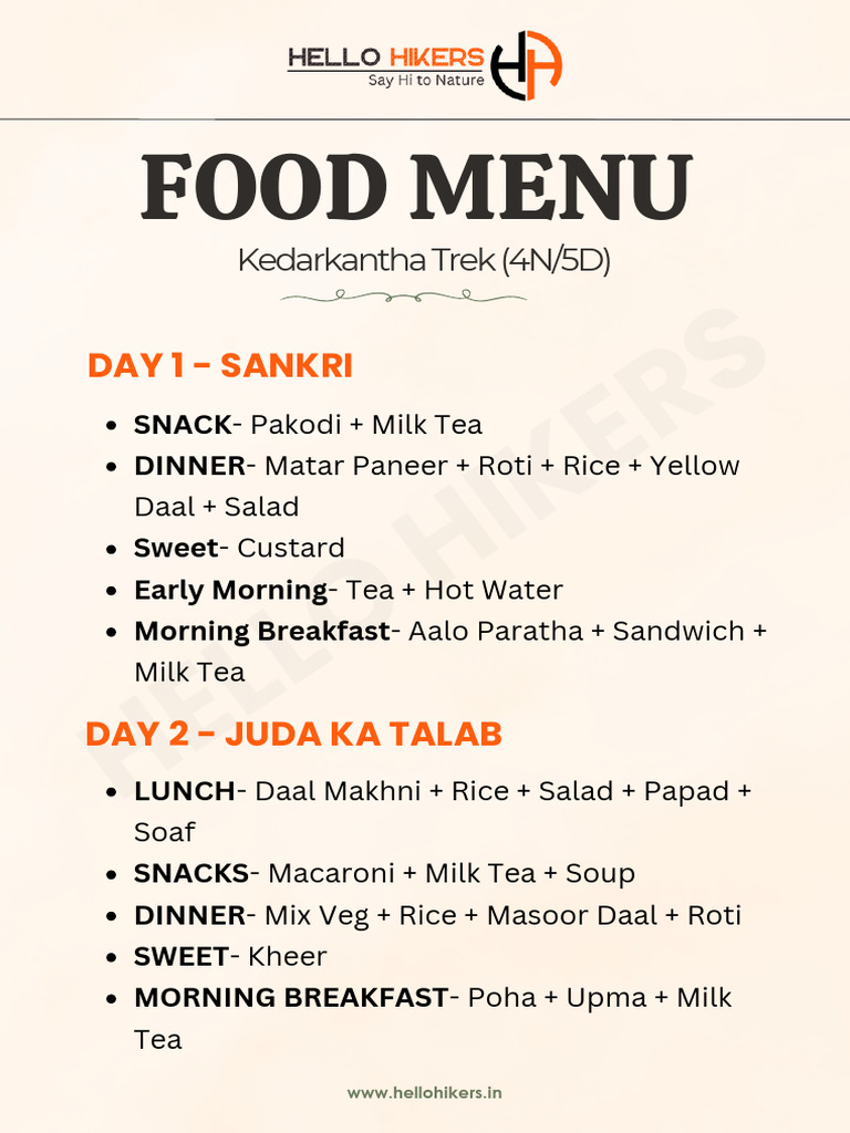 Hello Hikers Food Menu 4N5D | PDF