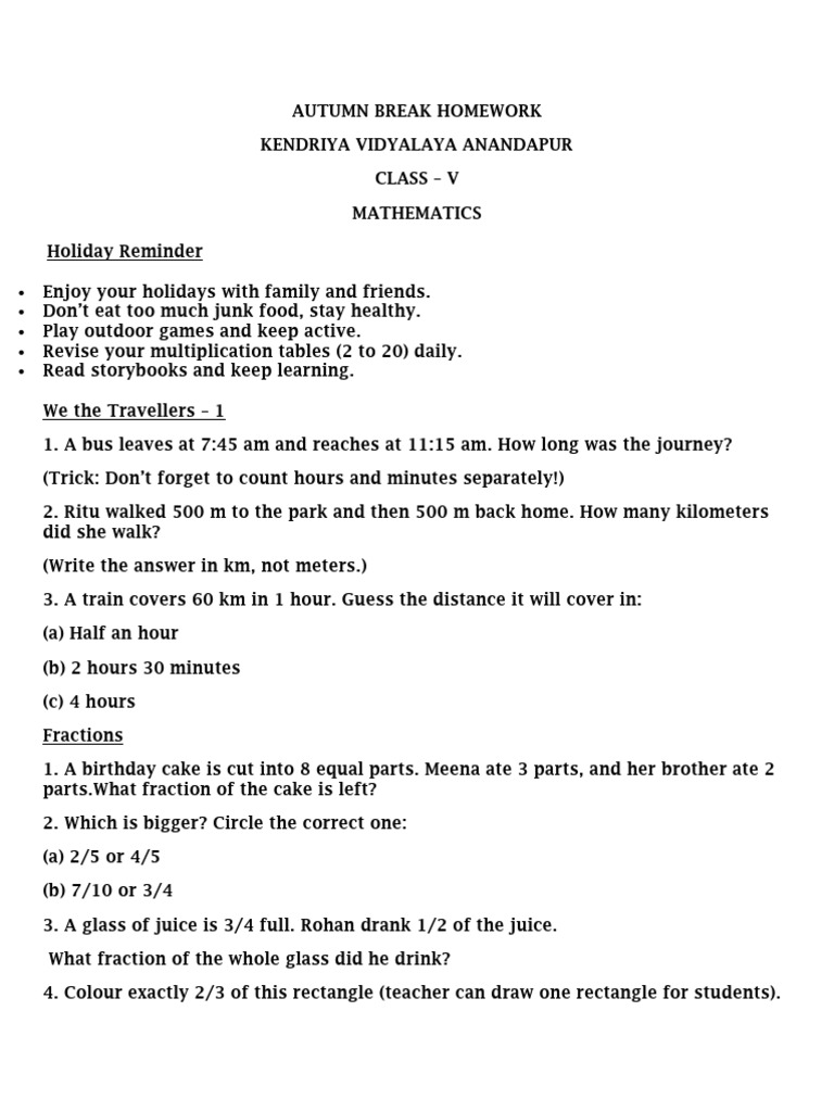 Class V Math AUTUMN BREAK HW | PDF