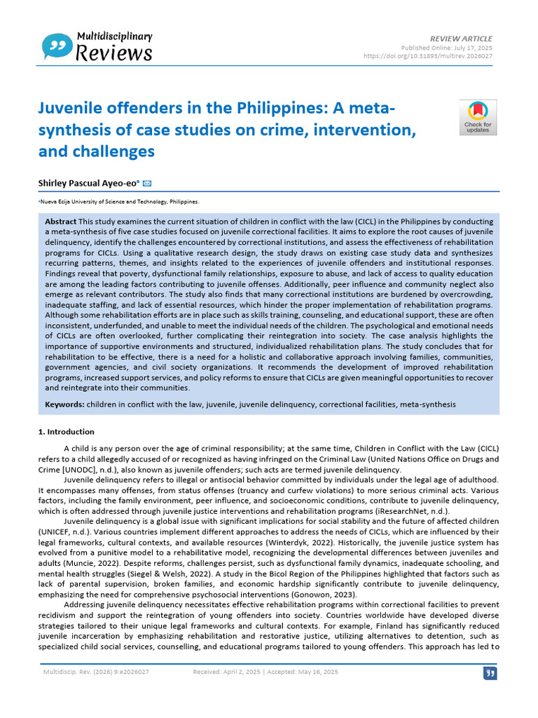 Juvenile Offenders in the Philippines: Challenges and Interventions ...