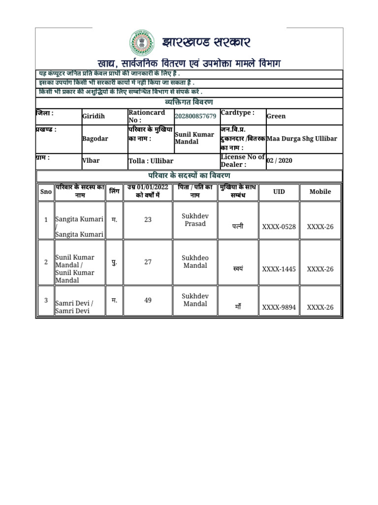Jharkhand Government E-Ration Card | PDF