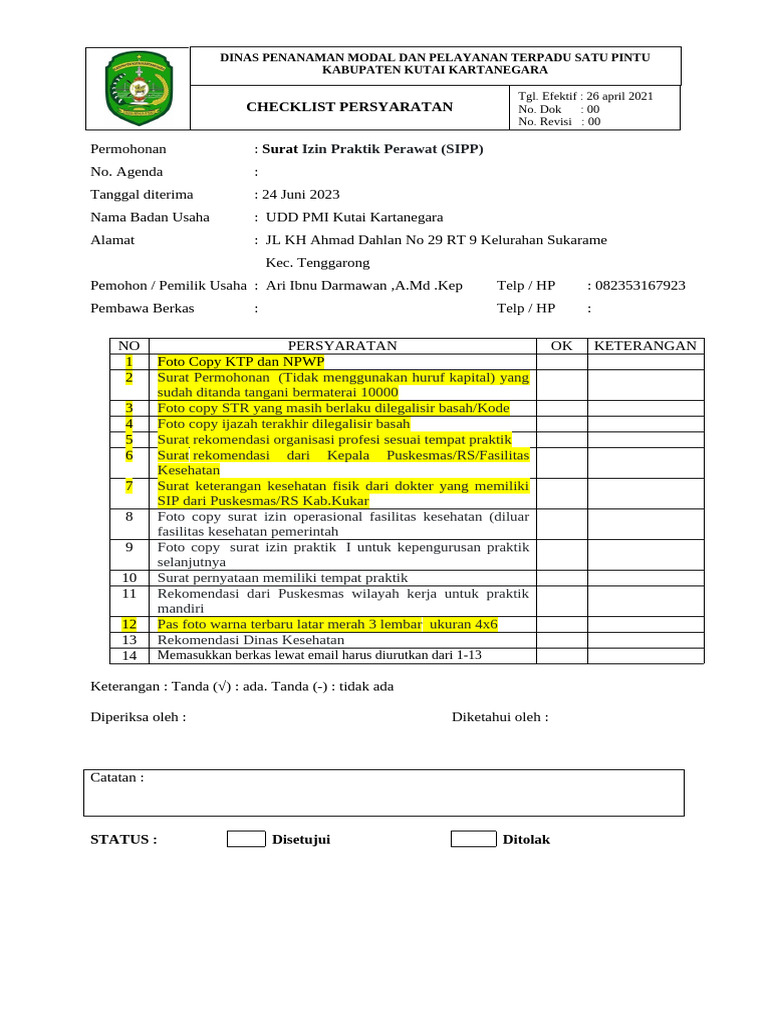 Checklist SIPP UDD PMI Kutai Kartanegara | PDF