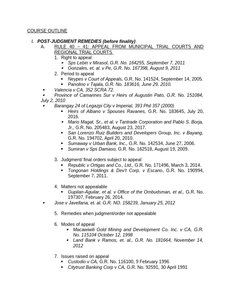 Post-Judgment Remedies Course Outline | PDF | Injunction | Certiorari