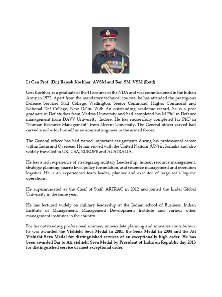 Brief Profile - LT Gen Rajesh Kochhar AVSM SM VSM | PDF