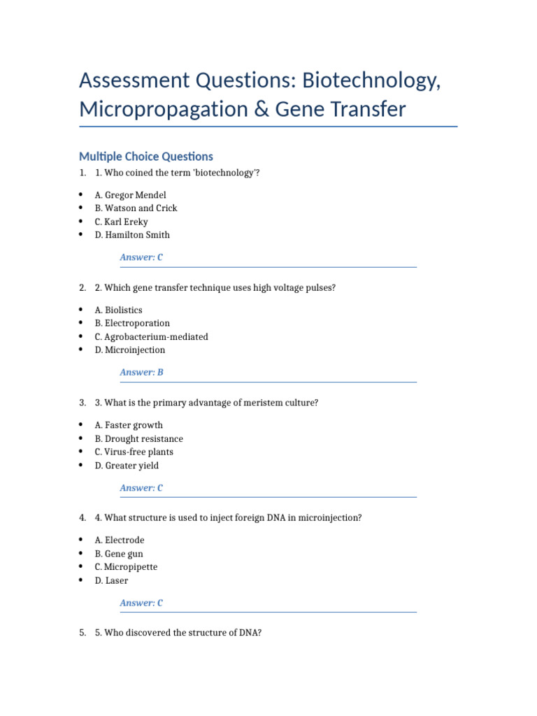 Biotechnology Assessment Questions Guide | PDF | Genetics | Biology