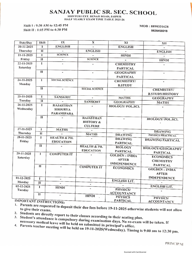 Half Yearly Exam. 2025 26 (Time Table) 1 | PDF