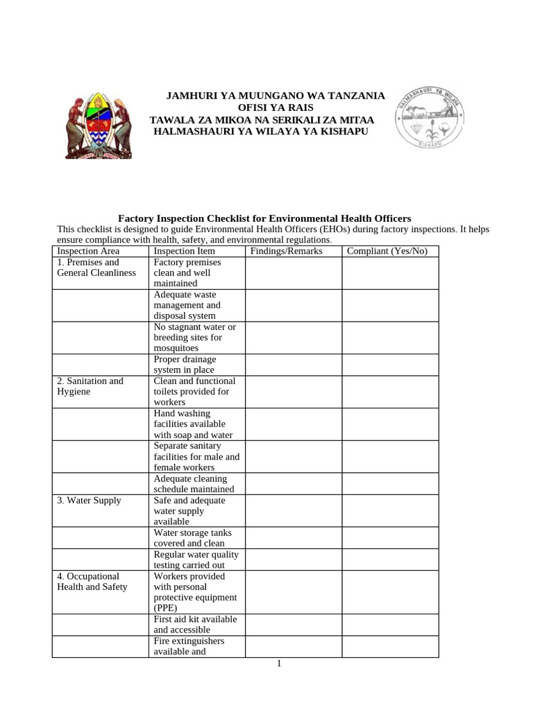 Factory Inspection Checklist for EHOs | PDF | Sanitation ...