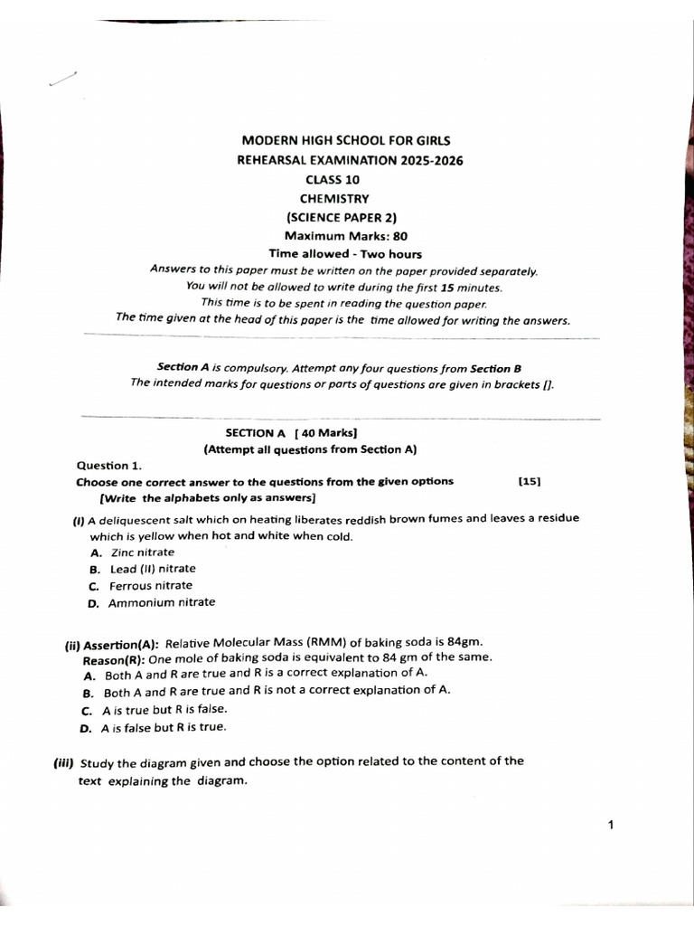 Chemistry Rehearsal Exam Cls 10 2025 MHS | PDF