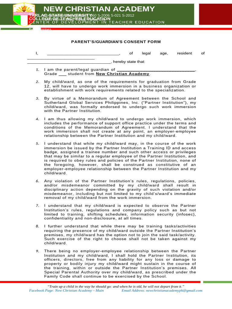Parent Consent for Work Immersion | PDF | Justice | Crime & Violence