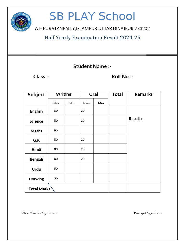 S.B Play Half Yearly Examination Result 2024-25 | PDF