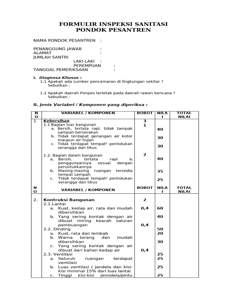Formulir Inspeksi Sanitasi Ponpes | PDF