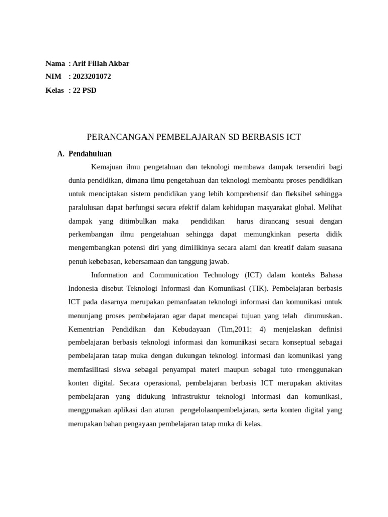 Perancangan Pembelajaran SD Berbasis Ict Arif Fillah Akbar 22psd | PDF