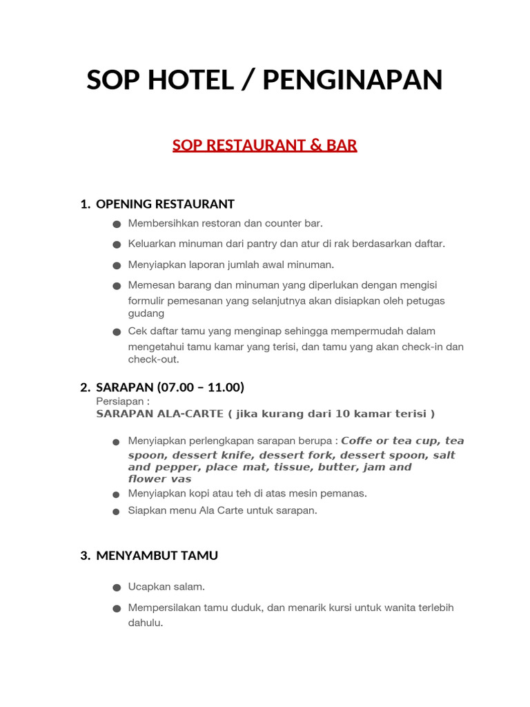 HOTEL - SOP Restaurant Dan Bar | PDF