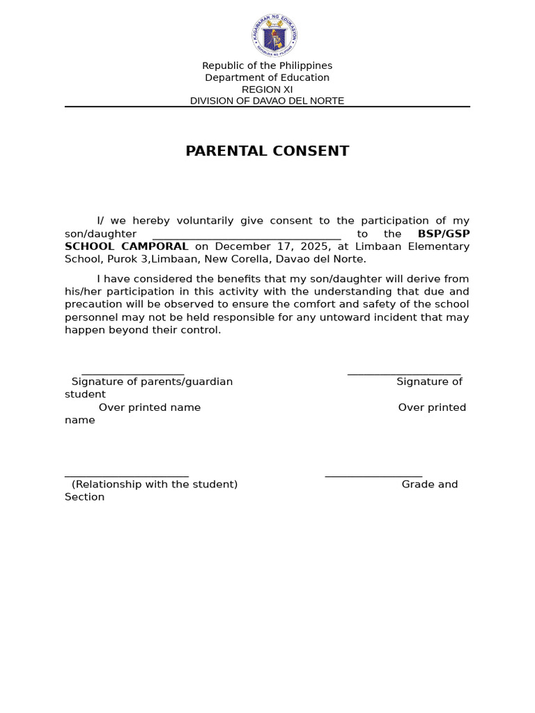 Parental Consent Form for School Camporal | PDF