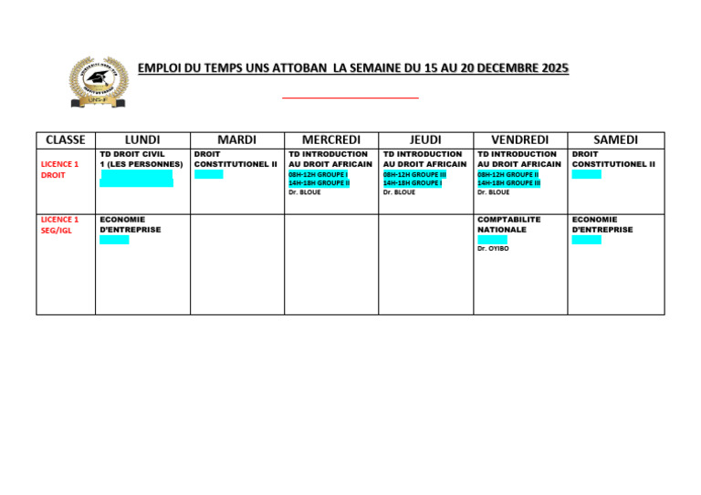 Emploi du temps Licence 1 Droit 2025 | PDF