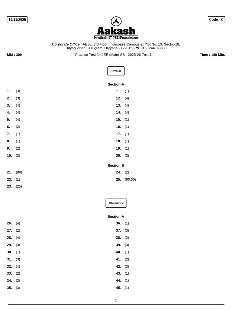 JEE Main 2025-26 Practice Test 1 | PDF | Molecules | Chemistry