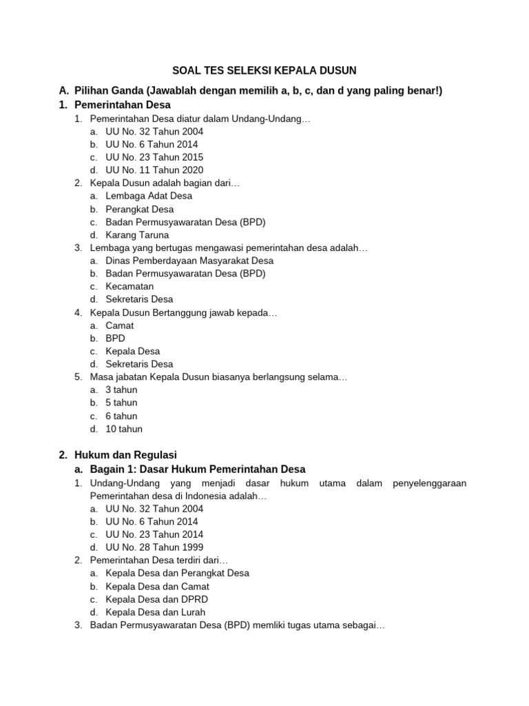 Soal Seleksi Kepala Dusun: Pilihan Ganda | PDF