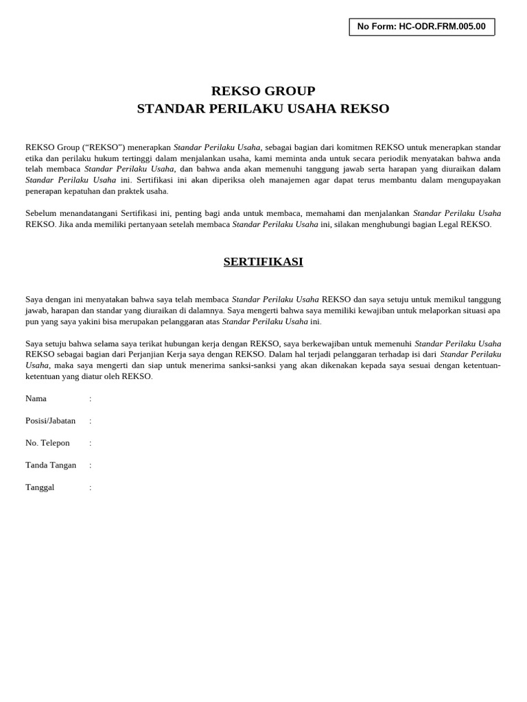 Standar Perilaku Usaha REKSO Group | PDF