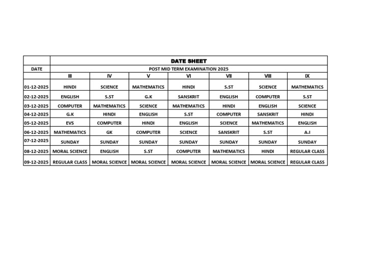 Post Mid Date Sheet 2025-26 | PDF