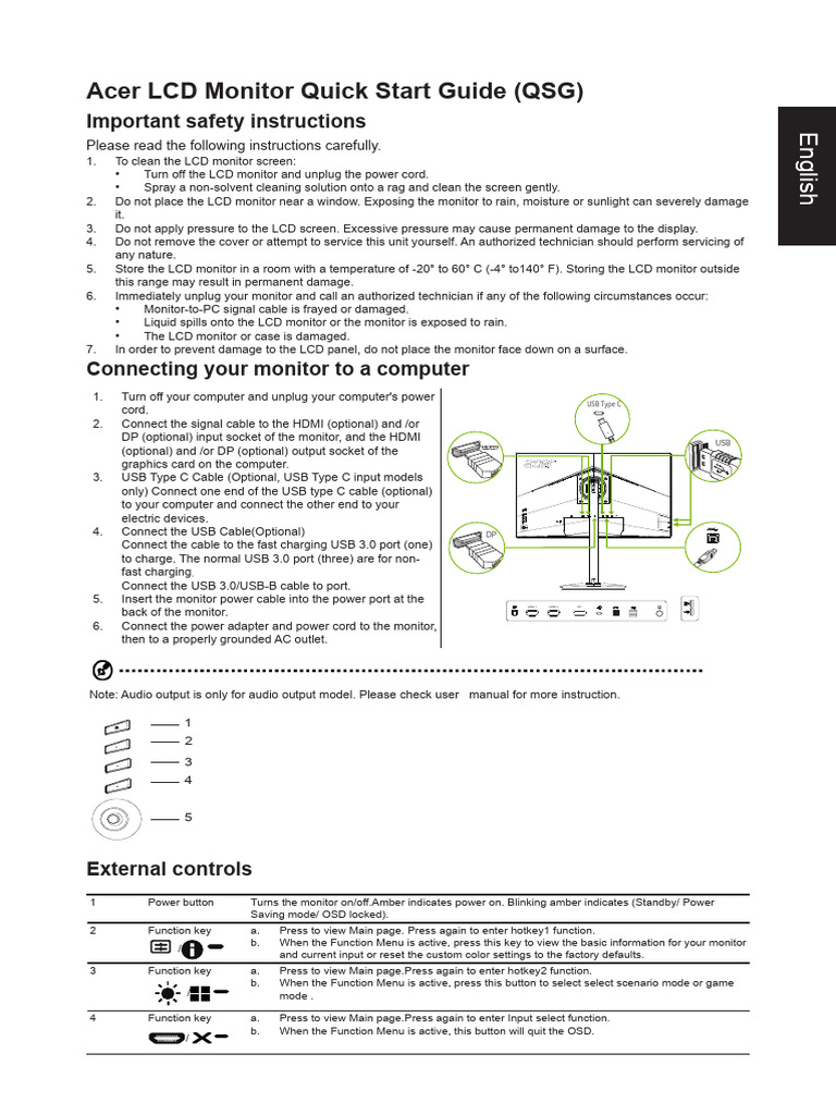 Acer LCD Monitor Quick Start Guide | PDF | Computer Monitor | Hdmi