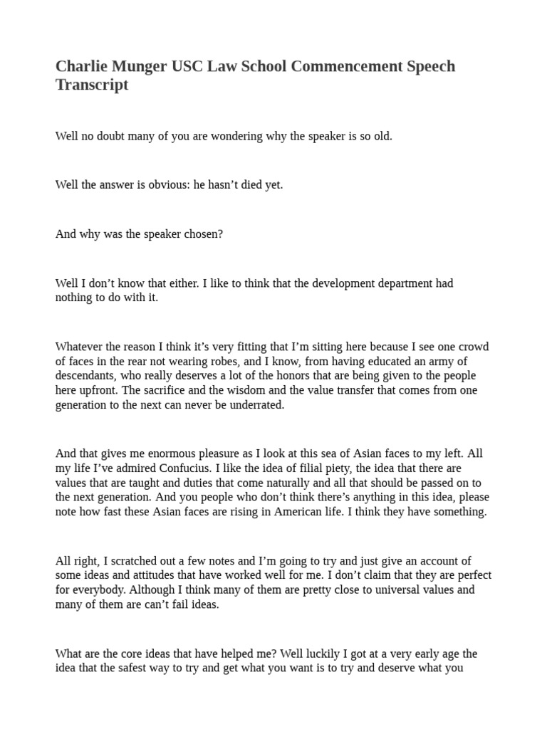 Charlie Munger USC Law School Commencement Speech Transcript | PDF | Mind