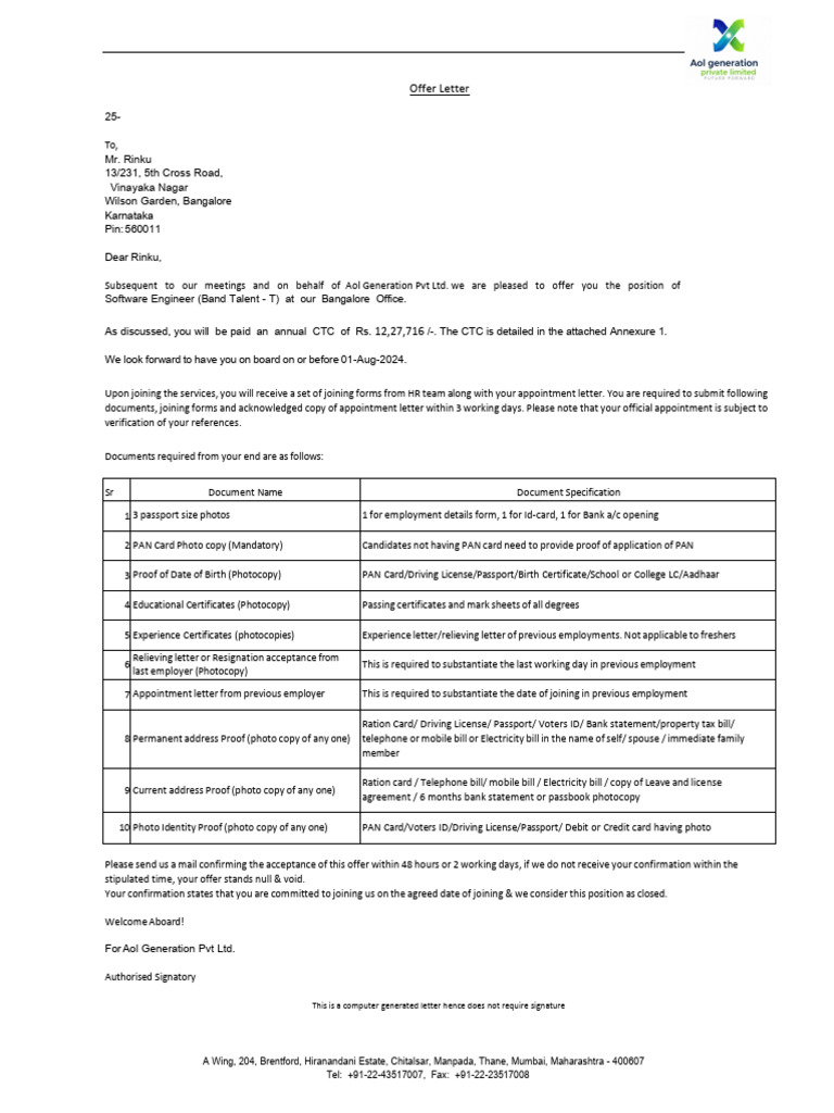 Job Offer Letter for Software Engineer | PDF | Identity Document | Payments