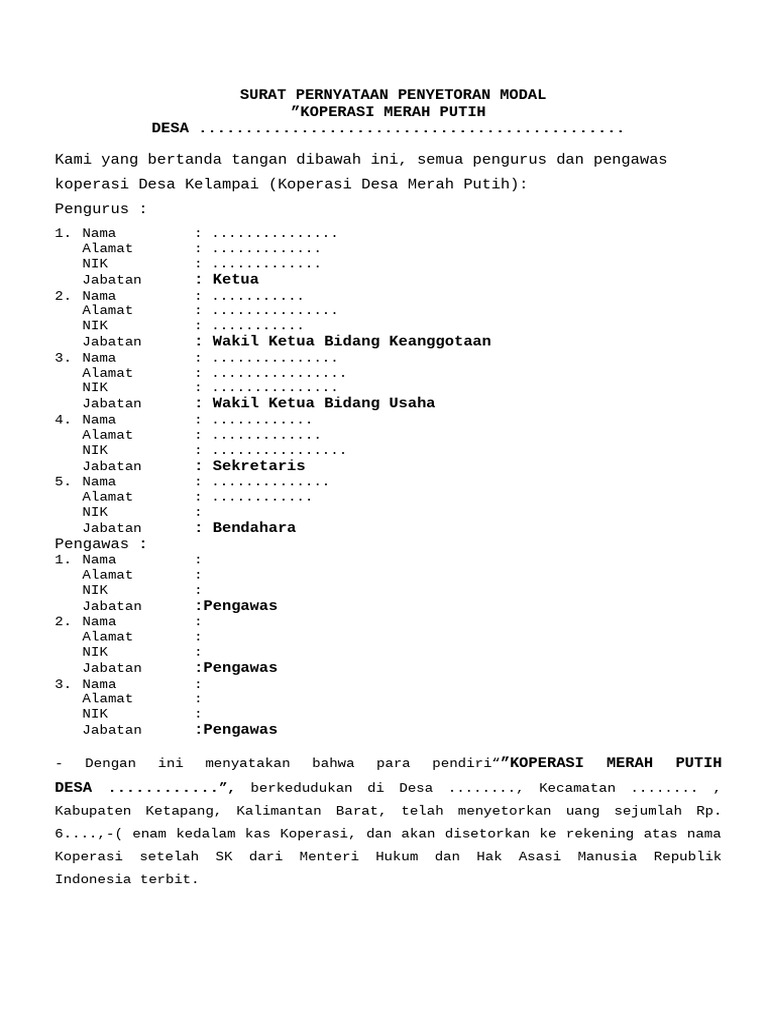 Draft Surat Pernyataan Penyetoran Modal | PDF