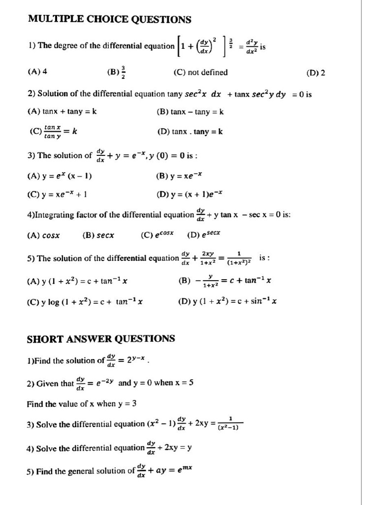 Revision Worksheet (Differential Equations) | PDF