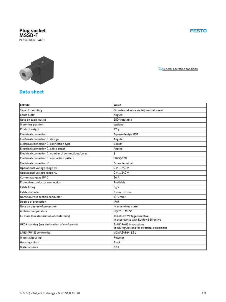 Festo Plug Socket MSSD-F Data Sheet | PDF