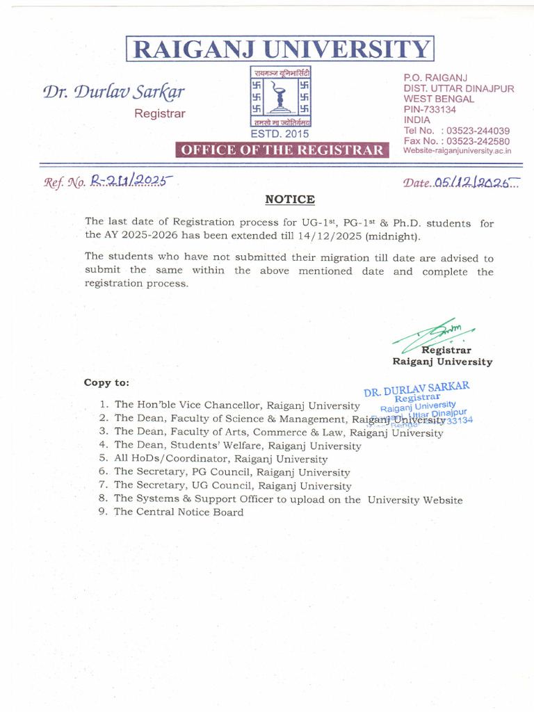 Raiganj University Registration Notice 2025-26 | PDF