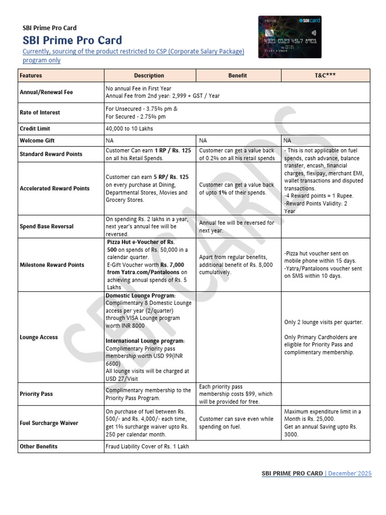 SBI Prime Pro Card Features & Benefits | PDF | Credit Card | Payments