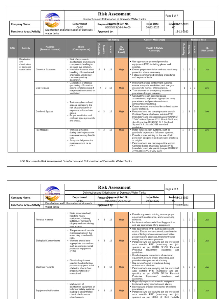 Risk Assessment for Water Tank Disinfection | PDF | Personal Protective ...