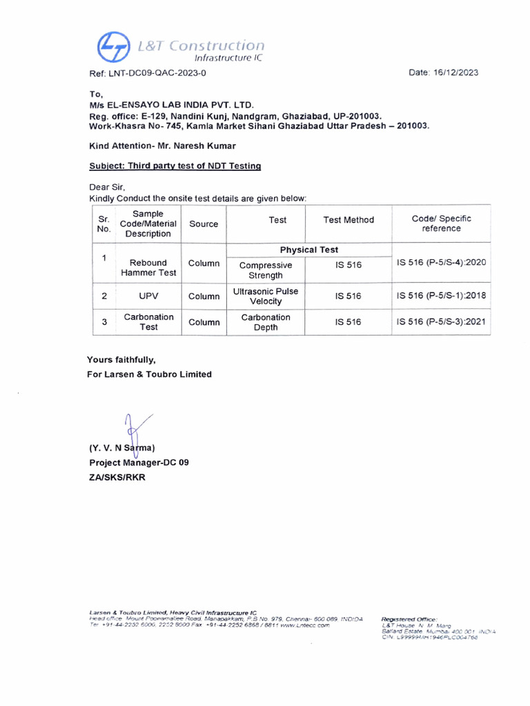 Letter For NDT Testing L&T Construction | PDF