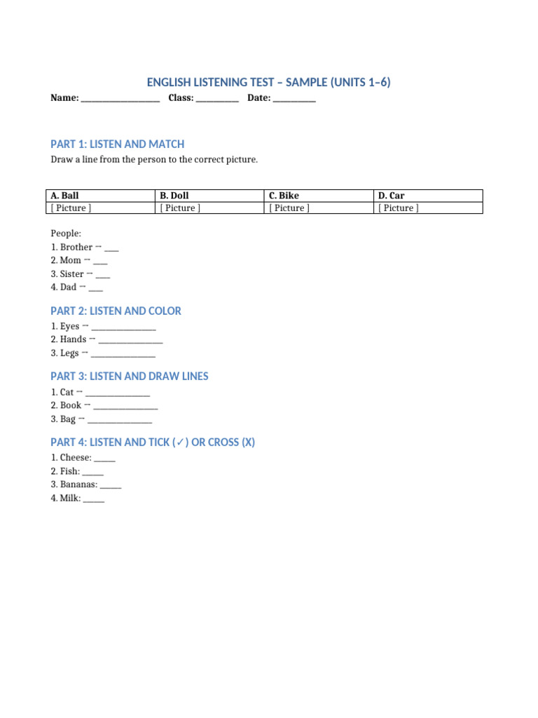 English Listening Test Sample Units 1-6 | PDF
