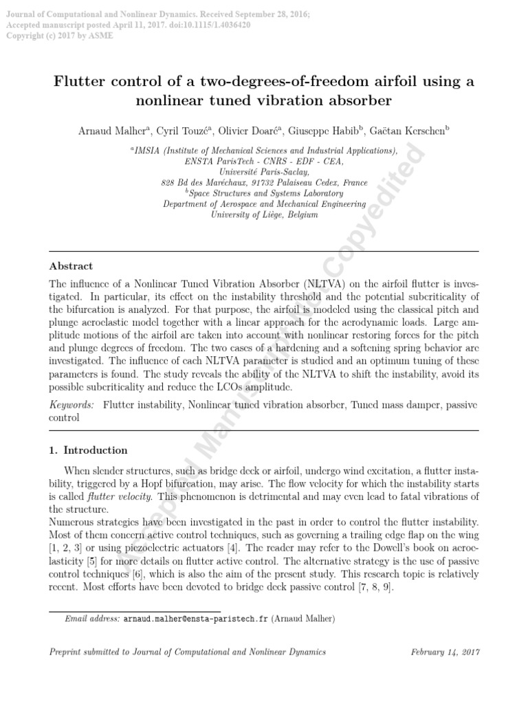 Nonlinear Vibration Absorber for Airfoil Flutter | PDF | Oscillation ...