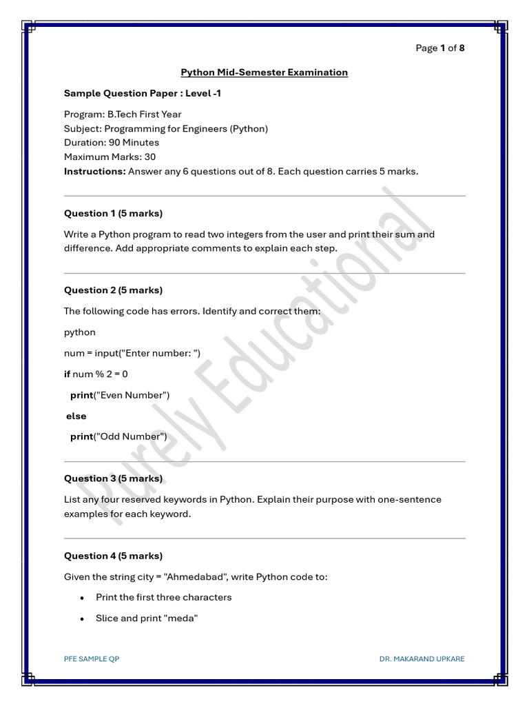 3 Sample Python MidSem Exam Papers | PDF | Python (Programming Language ...