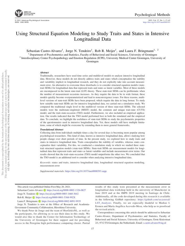 Castro-Alvarez 等 - Using Structural Equation Modeling to Study Traits ...