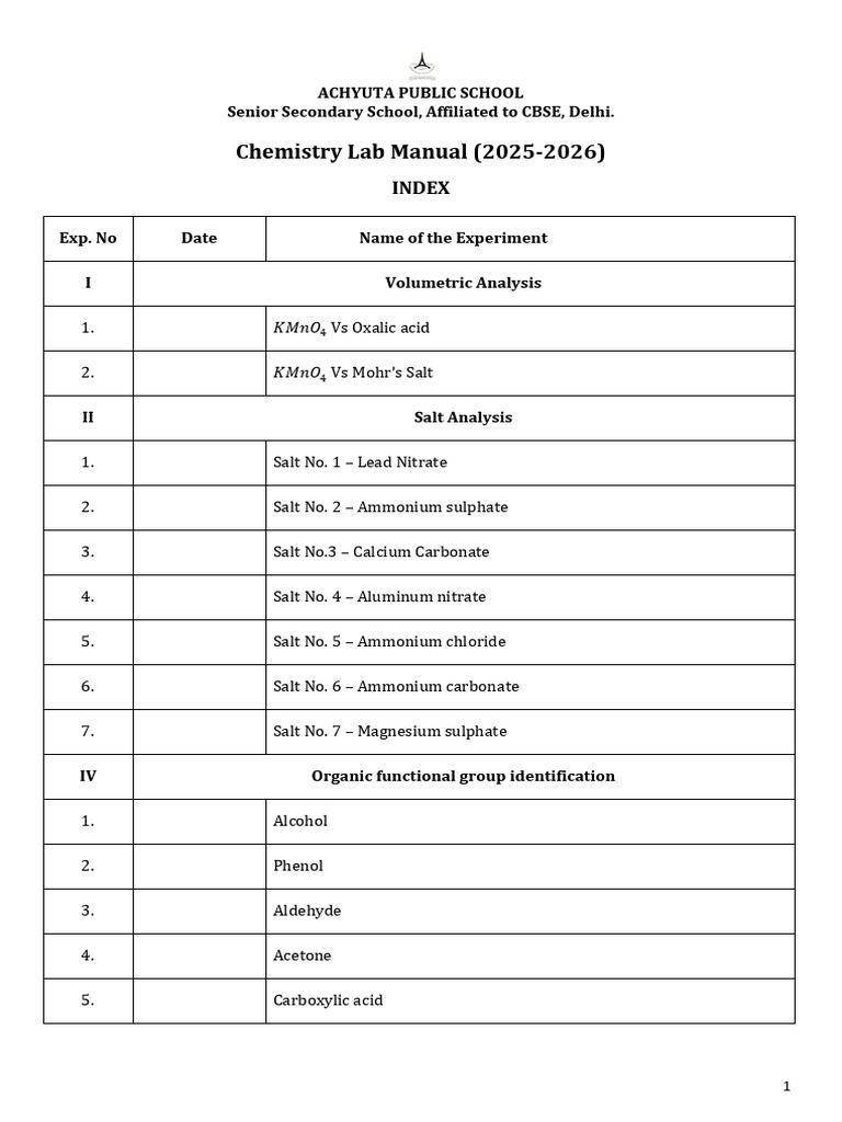 Chemistry Lab Manual 2025-2026 | PDF | Salt (Chemistry) | Precipitation ...