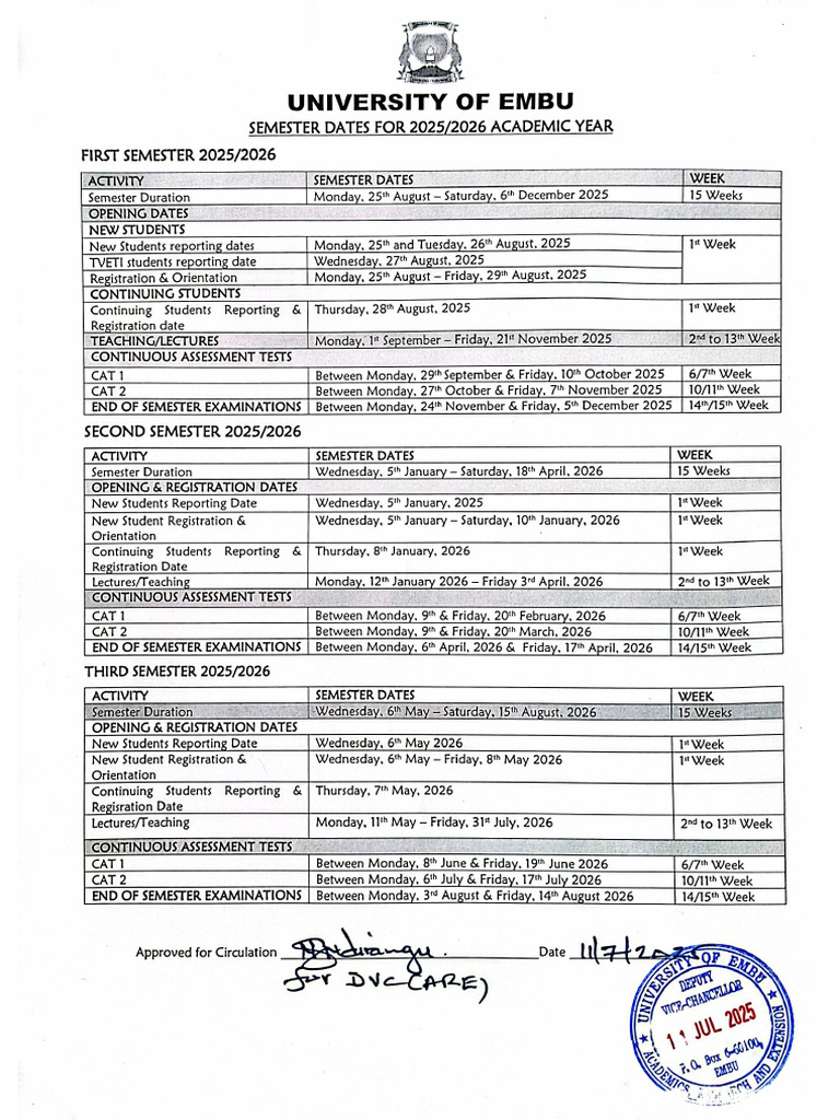 Semester Dates For 2025-2026 Academic Year | PDF